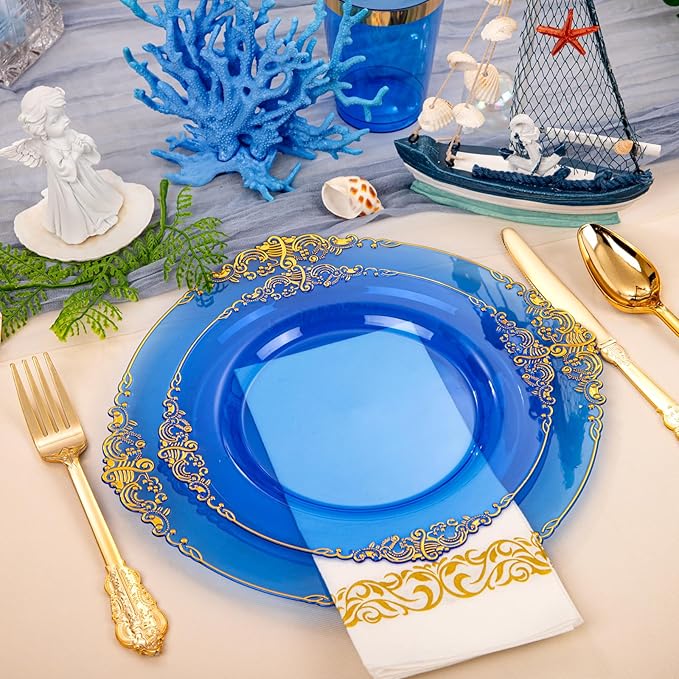 Hioasis 210pcs Blue and Gold Plastic Plates - Elegant Disposable Dinnerware Set Suitable for 30 Guests Include 10.25" Dinner & 7.5" Dessert Plates, Pre Rolled Silverware Set, Cups for Christmas