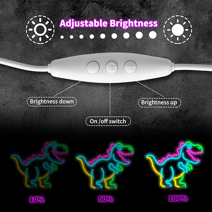 Kids Dinosaur Neon Light - Colorful LED Decor for Children's Bedroom, Dinosaur Birthday Party Decor, Gift for Boys & Girls Age 5-12, 15x12.4" USB Powered