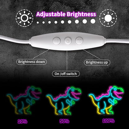 Kids Dinosaur Neon Light - Colorful LED Decor for Children's Bedroom, Dinosaur Birthday Party Decor, Gift for Boys & Girls Age 5-12, 15x12.4" USB Powered