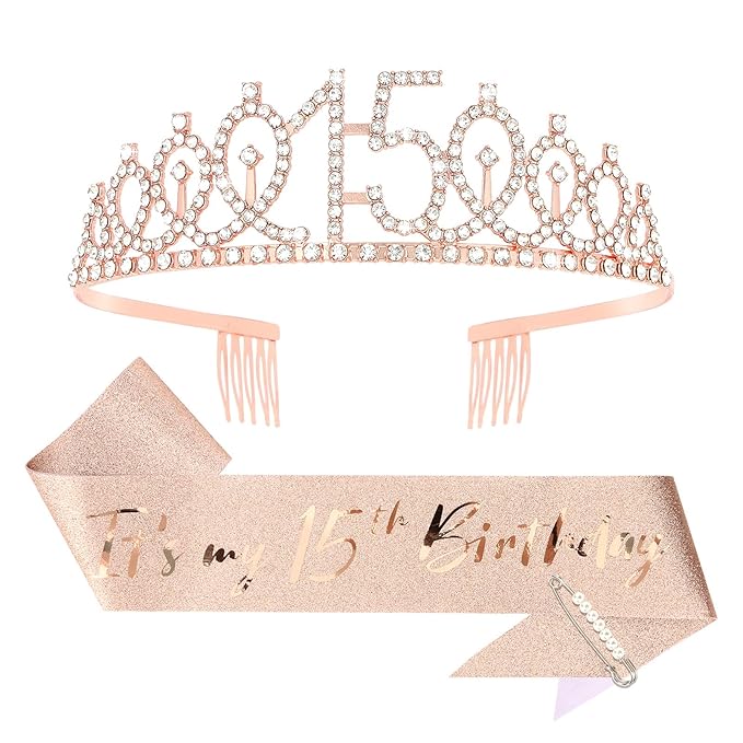 CIEHER 15th Birthday Crown + 15th Birthday Sash + Pearl Pin Set, 15th Birthday Gifts for Girls It's My 15th Birthday Decorations Women Happy 15th Birthday Party Supplies