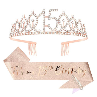 CIEHER 15th Birthday Crown + 15th Birthday Sash + Pearl Pin Set, 15th Birthday Gifts for Girls It's My 15th Birthday Decorations Women Happy 15th Birthday Party Supplies
