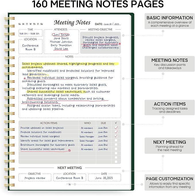 Taja Meeting Notebook for Work Organization - Work Planner Notebook with Action Items, Agenda Planner for Note Taking, 160 Pages (6.9" X 9.9") Project Organizer for Men & Women - Dark Green