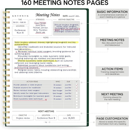 Taja Meeting Notebook for Work Organization - Work Planner Notebook with Action Items, Agenda Planner for Note Taking, 160 Pages (6.9" X 9.9") Project Organizer for Men & Women - Dark Green
