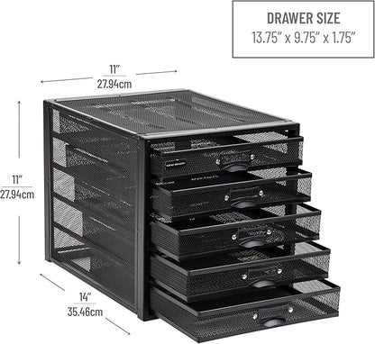 Mind Reader File Storage Drawers, Desk Organizer, Multi-Purpose, Crafts, Office, Metal Mesh, 11"L x 14"W x 11"H, Black, 5 Drawer