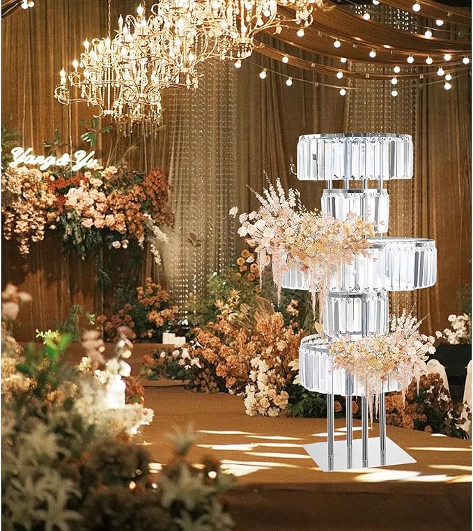 5-Tier Crystal Vase for Table Centerpiece, Large Wedding Decor Flower Stand, Metal Chandelier Stand with Crystal Pendants, Elegant Flower Display Rack for Party Event Home Wedding Decoration (Silver)