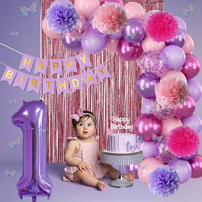 Pink Purple 1st Birthday Party Decorations for Girls Number 1 Balloon Happy Birthday Banner Butterfly Stickers Fringe Curtain Paper Pom Poms Metallic Hot Pink Star Foil Balloons Baby 1 Year Old Decor