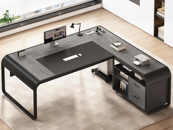SEDETA 61 Inch Executive Desk, Large Office Desk with File Drawer, L Shaped Desk with Drawers, Computer Desk with Mobile CPU Stand, Storage Shelves, Power Outlets for Home Office, Gray