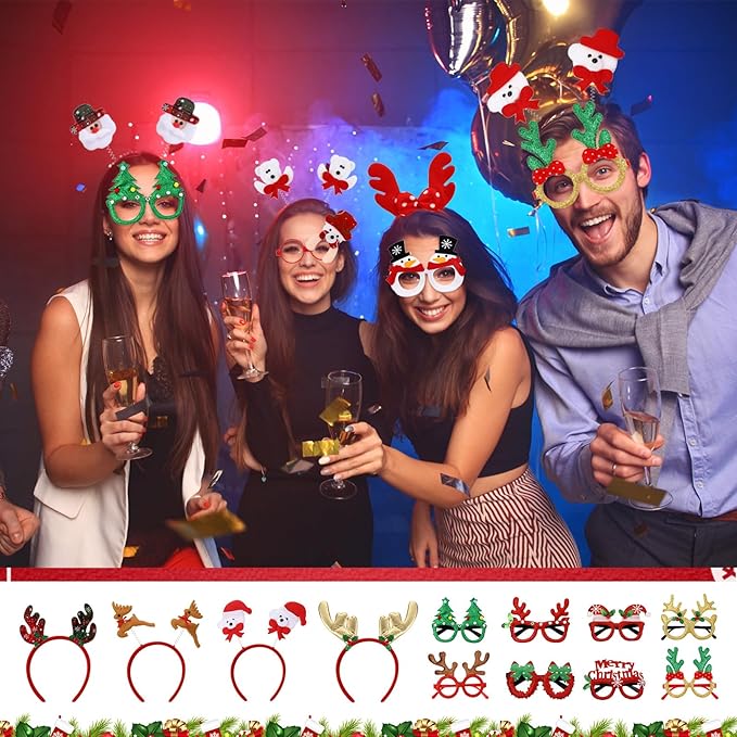 Hiboom 64 Pcs Christmas Glasses Frame and Headbands Set, Glitter Eyewear with Christmas Headband for Adults Holiday Party Decoration Photo