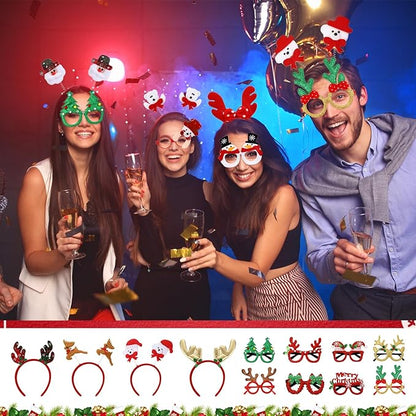 Hiboom 64 Pcs Christmas Glasses Frame and Headbands Set, Glitter Eyewear with Christmas Headband for Adults Holiday Party Decoration Photo