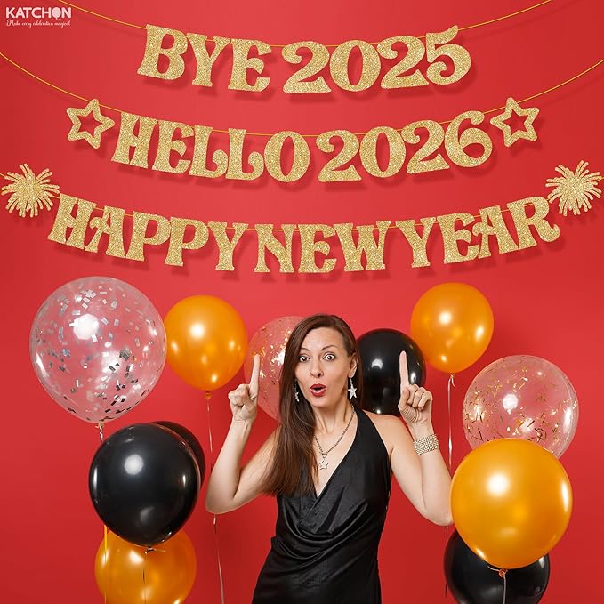KatchOn, Glitter Gold Happy New Year Banner - 10 Feet, Bye 2025 Hello 2026 Banner | Happy New Years Decorations, Happy New Year 2026 Sign | New Years Eve Party Supplies 2026 | Nye Decorations 2026