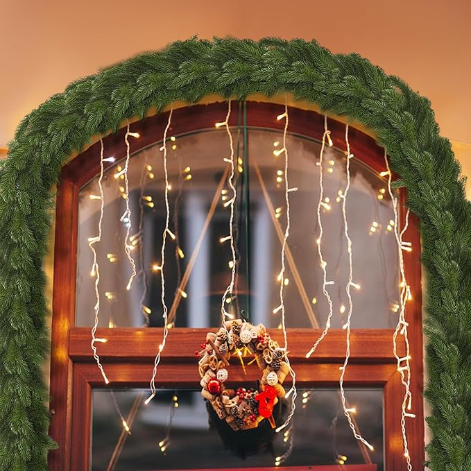 Lyrow 1 Pcs 15 ft Artificial Pine Greenery Garlands Deluxe Faux Thick Real Touch Winter Pine Garland Artificial Greenery Wreath for Table Fireplace Mantle Indoor Outdoor Christmas Decorations