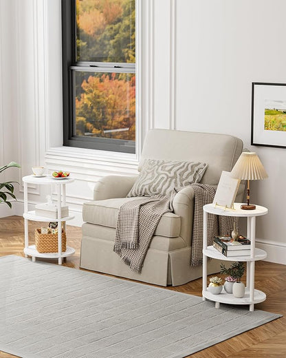 Small Round Side Table - 3-Tier Oval Accent Table for Small Spaces, Rustic Wood and Metal Couch End Table, Nightstand for Bedroom or End Table Living Room, Easy to Assemble, Marble White