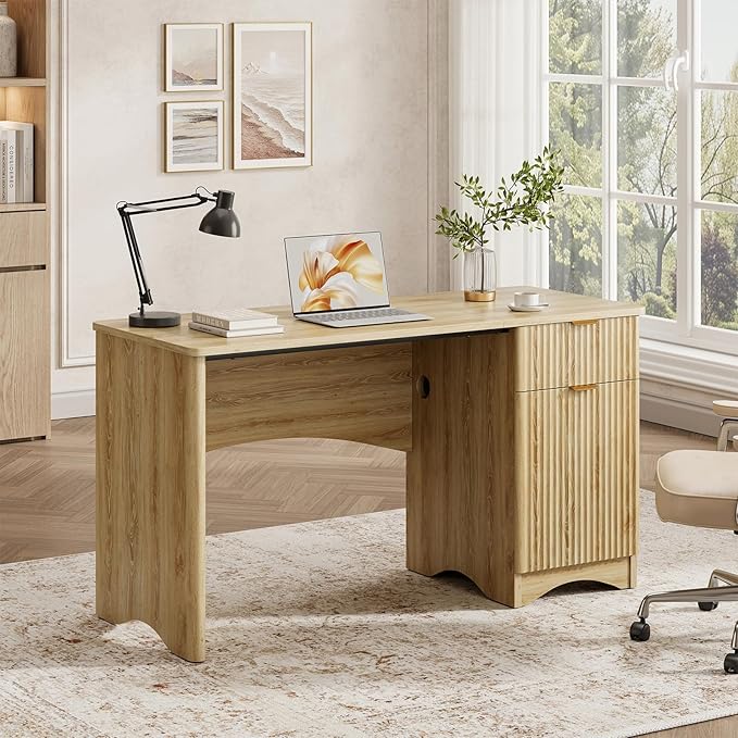 Bestier 47 inch Computer Desk with Drawer, Office Desk with File Cabinet, Modern Executive Desk Adjustable Shelves for Home Office Bedroom Study, Natual Oak