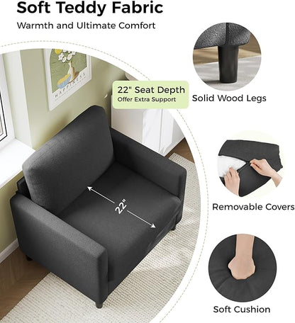 Sofa Accent Chair, 33" Reading Chair for Bedroom, Tool-Free Setup Living Room Accent Chairs, Comfy Arm Chairs Living Room, All-Wood Reading Nook, Grey