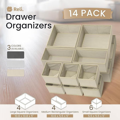 Reli. Drawer Organizer Clothes (14 Pack) | Dresser Drawer Organizers & Nursery Organization | Foldable Fabric Dresser Storage Dividers for Bras, Nursery, Changing Table, Baby Clothes, Clothing (Beige)