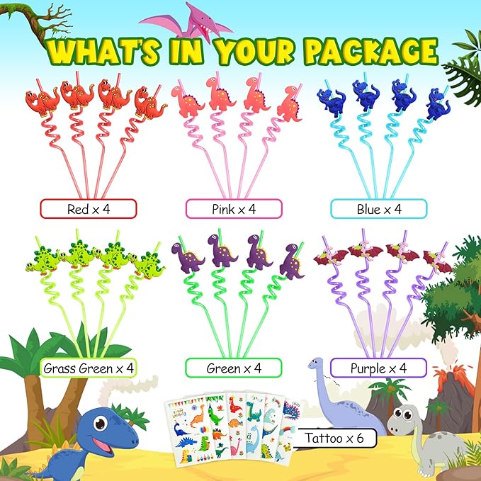 24 Reusable Dinosaur Drinking Plastic Straws + 6 Dinosaur Temporary Tattoos for Kids Girls Boys | Dinosaur Birthday Party Supplies Three Rex Party Favors Decorations with Cleaning Brush