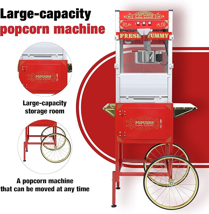 Commercial 20 Oz Popcorn Machine with Cart - 100 Cups, Stainless Steel Kettle, Warming Light - Portable Popper for Home Theater & Parties, Red