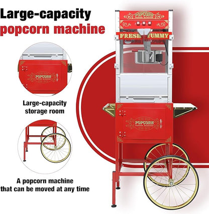 Commercial 20 Oz Popcorn Machine with Cart - 100 Cups, Stainless Steel Kettle, Warming Light - Portable Popper for Home Theater & Parties, Red