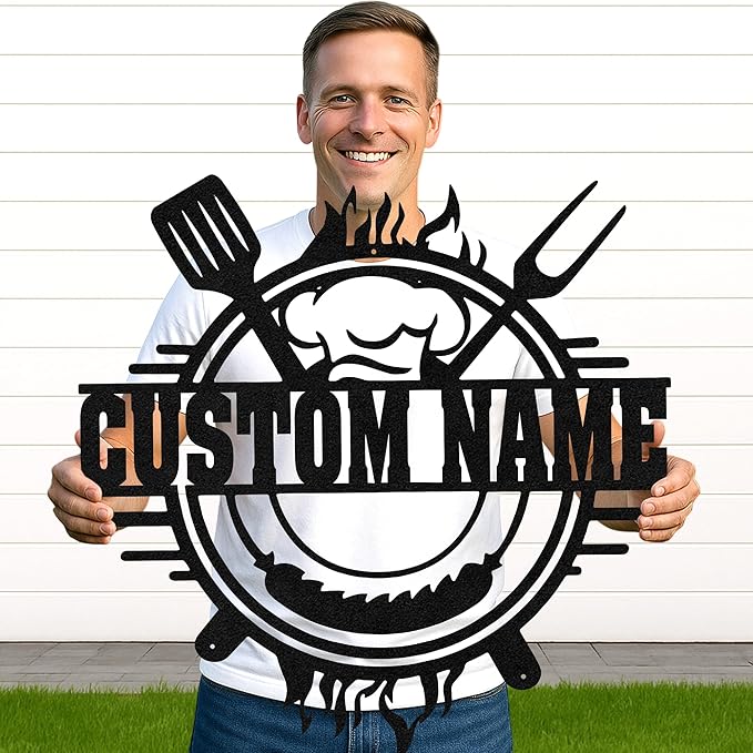 Custom BBQ Grill Metal Wall Decor, Personalized Name Cut Sign for Outdoor Kitchen, Rustic Backyard Patio Barbecue Gift