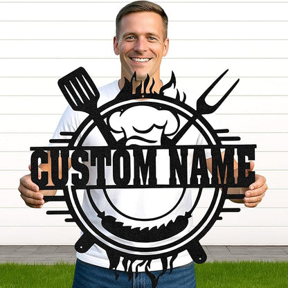 Custom BBQ Grill Metal Wall Decor, Personalized Name Cut Sign for Outdoor Kitchen, Rustic Backyard Patio Barbecue Gift
