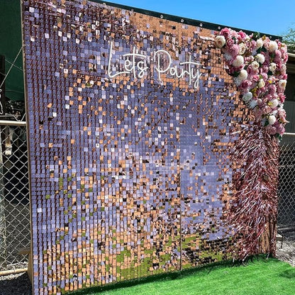 COKAOBE Rose Gold Shimmer Wall Backdrop, 24PCS Square Sequin Shimmer Backdrop Panels, Photo Backdrops for Birthday, Anniversary Wedding Engagement Decoration