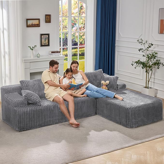 Hobestluk Modular Sectional Sofa Couches L-Shape Couch 3 Seat Modular Sofa Memory Foam Sectional Couches for Living Room, Cloud Couch with Oversized Chaise (108" Right Facing Chaise)
