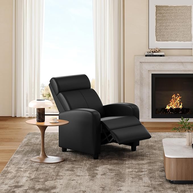 Yaheetech Living Room Chair for Adults, Adjustable Faux Leather Club Recliner Chair with Pocket Spring, Soft Foam Backrest Seat for Home/Theater/RV/Other Small Spaces, Dark Black