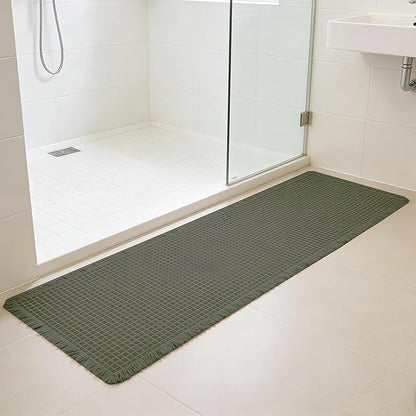 Waffle Runner Rug Non Slip, Boho Bath Mat, Super Absorbent Quick Dry Long Bath Runner Bathroom, Soft Farmhouse Bath Rug with Tassels, Washable Shower Mats for Floor 24"x72", Olive Green