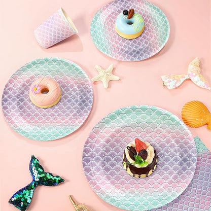 96pcs Mermaid Plates and Napkins, Mermaid Scale Paper Plates and Cups Disposable Tableware Set for 24 Guest Baby Shower Tea Kids Birthday Party Supplies Decorations