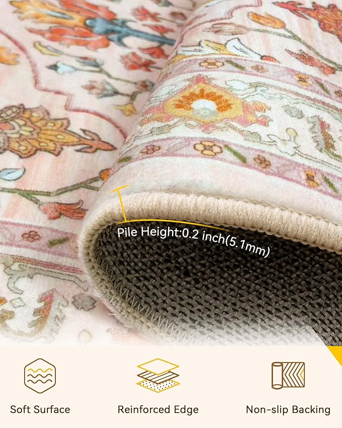 Area Rugs 2'x10' Runner Rug Non Slip Washable for Kitchen Hallway Bedroom Beside Laundry Room Bathroom Rug, Floor Carpet, Light Pink Colorful