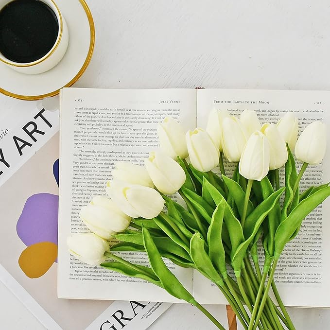 ONLY ART Artificial Cream Tulips 20 Pcs – 13.5 Inch PU Faux Flowers with Bendable Stems for Home Décor, Wedding Centerpieces, DIY Floral Arrangements, Table Decorations