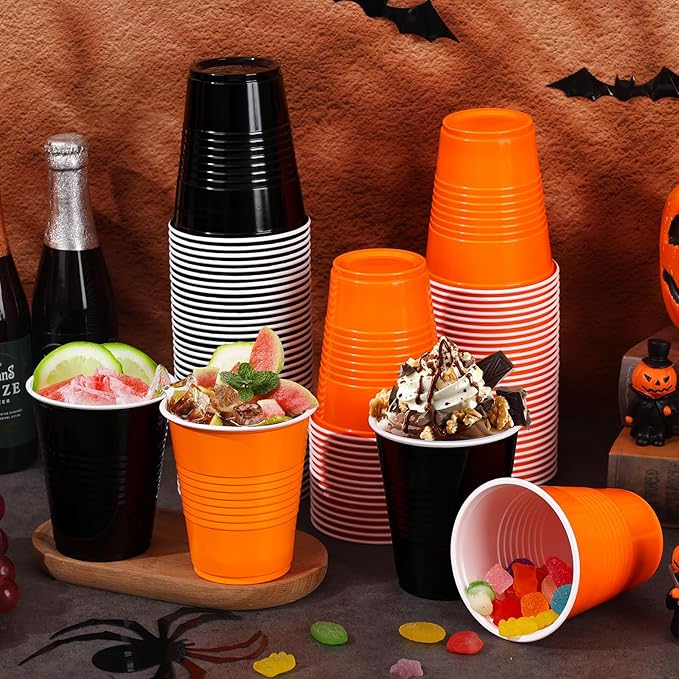 KesaPlan 100 PCS 12 OZ Halloween Fall Plastic Cups for Party, Disposable Black & Orange Cups, Graduation Drinking Cup Bulk for Snack Juice, Halloween Thanksgiving Wedding Birthday Theme Party