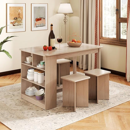 Giantex 5-Pieces Dining Table Set for 4, Kitchen Table Set with Side Storage Shelf, 4 Square Stools, Space-Saving Dining Furniture for Dinner, Dinette, Living Room, Apartment, Restaurant (Natural)