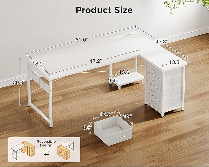 AODK L Shaped Gaming Desk with 4 Drawers, 61" Reversible Home Office Desks with Power Outlets, L Shaped Computer Desk with USB Charging Port and Host Stand, Corner Desk, Easy to Assemble, White