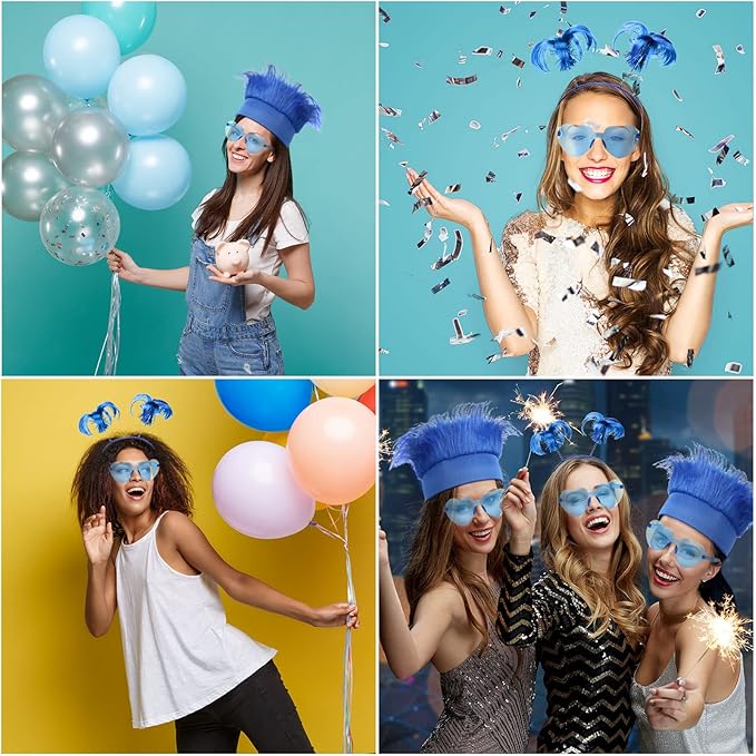 Yunsailing 24 Pcs Blue Hairy Costume for Women Ponytails Hairy Headband Feathers Heart Shape Sunglasses Outfits for Men(Blue)