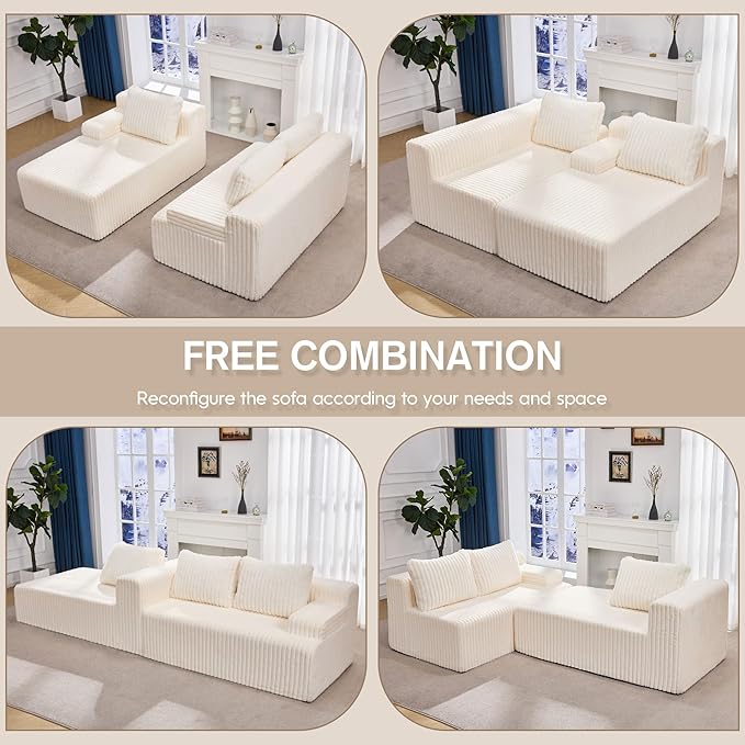 Hobestluk Modular Sectional Sofa Couches L-Shape Couch 3 Seat Modular Sofa Memory Foam Sectional Couches for Living Room, Cloud Couch with Oversized Chaise (108" Left Facing Chaise)