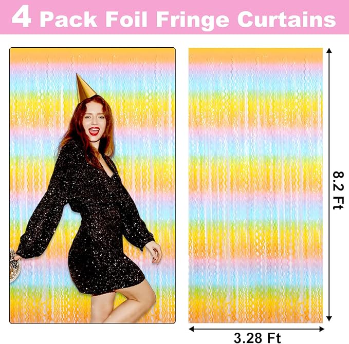 4 Pack Light Rainbow Fringe Curtain Backdrop 3.2Ft x 8.2Ft Metallic Tinsel Foil Fringe Streamers Background for Photo Booth Mother's Day, Easter, Carnival, Birthday, Wedding Party Decoration