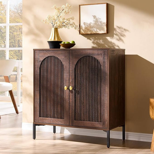Modern Buffet Cabinet with Storage, 34" Tall Fluted Arched Sideboard Cabinet w/Adjustable Shelves, Wooden Modular Coffee Bar for Dining Room, Kitchen, Living Room, Entryway, Brown