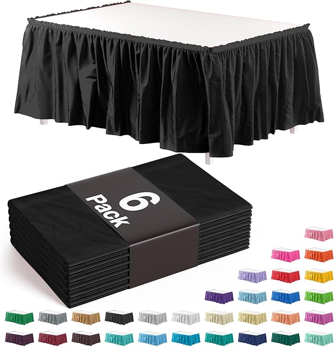 Exquisite Ruffle Table Skirt Black 6 Pack 14 Ft Long Table Skirts for Rectangle Tables 6ft Plus or Round Tables Skirts with Adhesive Strip for Gender Reveal Decor & Happy Birthday Parties