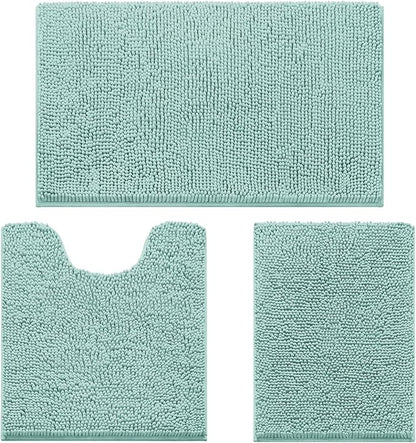 HOMEIDEAS 3 Pieces Bathroom Rugs, Ultra Soft Non Slip Absorbent Chenille Toilet Bath Mat Set (Eggshell Blue)