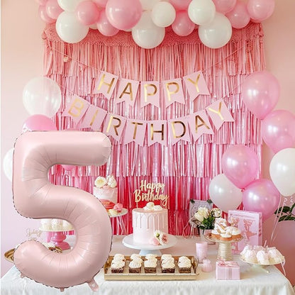 Light Pink Number Balloon 5, 40 Inch Large Self Inflating 5 Foil Number Balloons 0-9, Blush Pastel Pink Digital 5 Helium Balloon for Girls Women 5th Birthday Party Graduation Anniversary Decorations