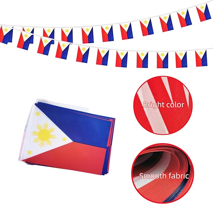 Philippines Small String Flags, 50 Feet 38 Pcs Filipino Pennant Banner Bunting Flags, Patriotic Events, Independence Day, Country Festival, Commemoration, Decorations (Philippines)