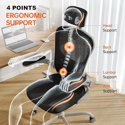 Synorla Office Chair Ergonomic Desk Chair, 330LBS Capacity, High Back Computer Design for Long Hours Comfort, Rolling Swivel for Home Office, Flip-up Armrests（Grey Black）