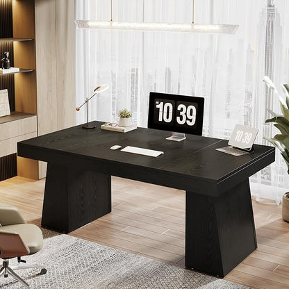 Tribesigns 55-Inch Executive Desk, Thick Wood Office Computer Desk with Double Pedestal, Modern Minimalist Workstations Writing Table Conference Table Furniture for Home Office, Black