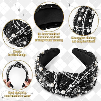 PANTIDE Pearl Jeweled Knotted Headband - Classics Black White Buffalo Lattice Cropped Tweed Pearl Embellished Headband Wide Top Knot Hairband Accessories Birthday Gift for Women Girl (Black Plaid)