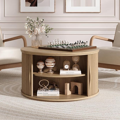 31.5" Round Lift Top Coffee Table,Natural Oak Modern Fluted Drum Center Table with Hidden Storage, Japandi Scandi Wood Circle Desk for Boho Living Room & Apartment