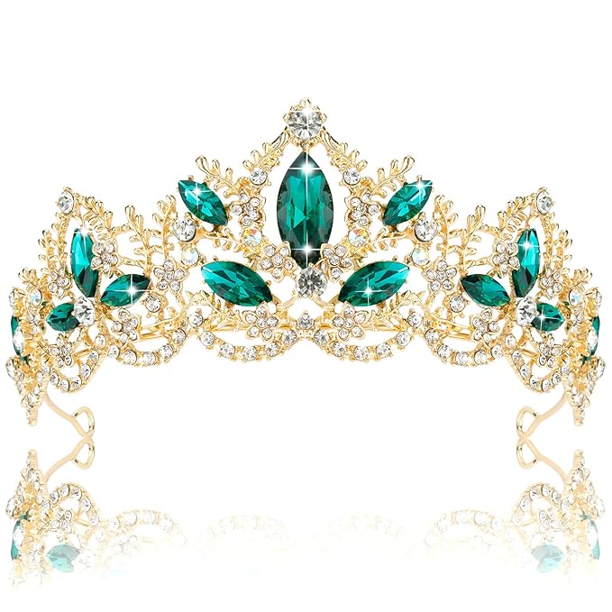 Green Tiara for Women Gold Crown for Girls Wedding Princess Birthday Crystal Rhinestones Headbands for Prom Bridal Party Halloween Costume Christmas Gift