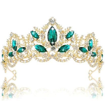 Green Tiara for Women Gold Crown for Girls Wedding Princess Birthday Crystal Rhinestones Headbands for Prom Bridal Party Halloween Costume Christmas Gift