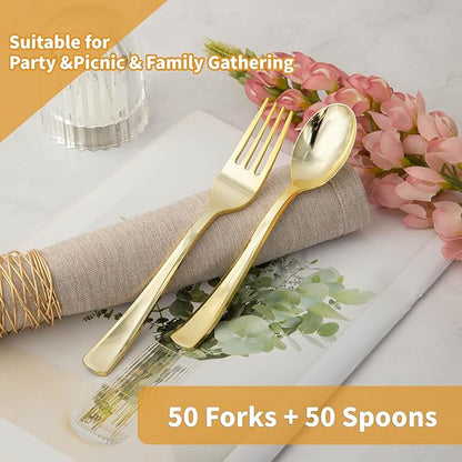 N9R 100PCS Gold Plastic Silverware, Heavy Duty Disposable Cutlery Set for Parties, Disposable Plastic Spoons and Forks Includes 50 Gold Spoons and 50 Forks for Weddings, Birthday, Dinners