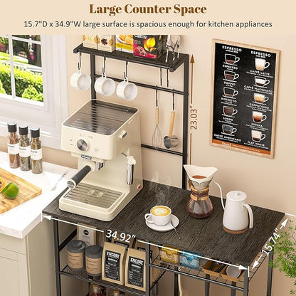 Baker's Rack for Kitchen with Storage, Microwave Stand with Adjustable Shelves, Kitchen Stand with 10 S Hooks, 6-Tier Coffee Bar Station, Storage Shelves for Spices, Pots, Gray